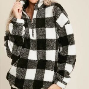 LOFT Black and White Checkered Quarter Zip Sherpa